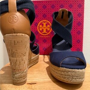 Tory Burch 115mm Peep-Toe Cork Wedge - Navy